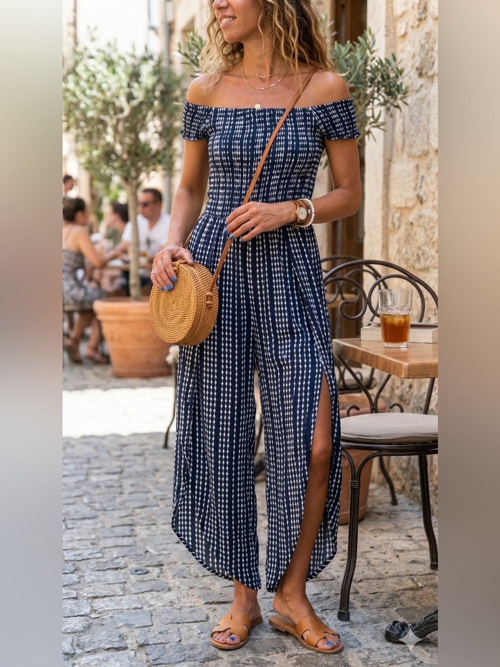 J For Justify Off Shoulder Smocked Jumpsuit Geometric Print Side Slit Romper L